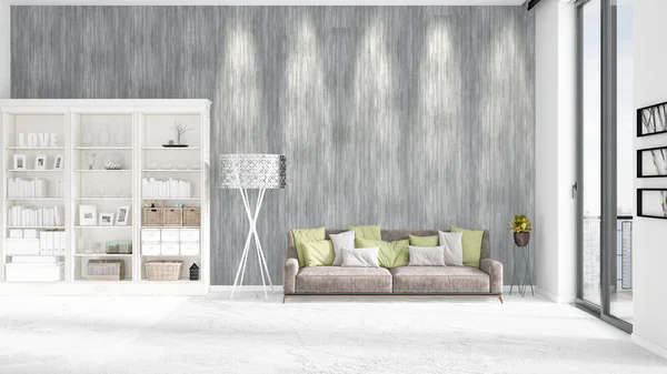 Scene with brand new interior in vogue with white rack and modern grey sofa. 3D rendering. Horizontal arrangement.