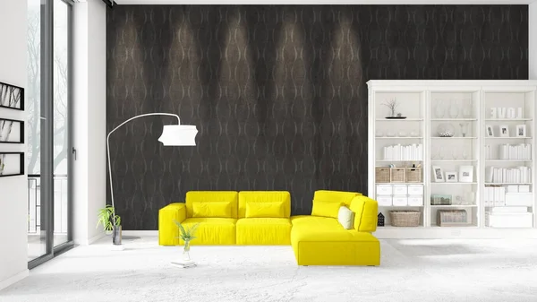 Escena con interior en boga con bastidor blanco y sofá amarillo. Renderizado 3D, ilustración 3D. Disposición horizontal . —  Fotos de Stock
