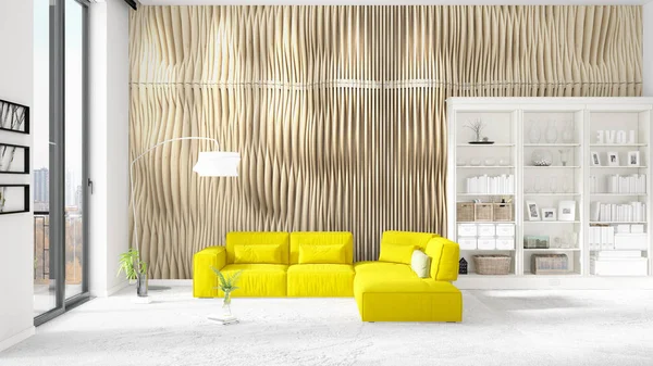 Sahne iç beyaz raf ve sarı kanepe ile modaya uygun. 3D render, 3d çizim. Yatay düzenleme.
