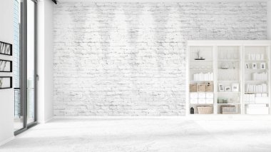 Modern iç raf ve boşaltmak yatay düzenleme ile modaya uygun. 3D render.