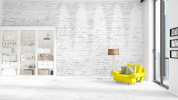 Сцена з абсолютно новим інтер'єром в моді з білою стійкою і сучасним жовтим стільцем. 3D візуалізація. Горизонтальне розташування . — стокове фото