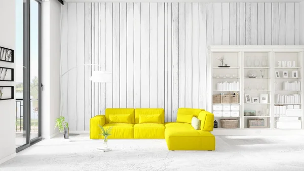 Scene with brand new interior in vogue with white rack and yellow couch. 3D rendering. Horizontal arrangement. — Stock Photo, Image