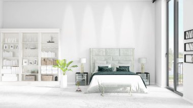 Modaya uygun ve modern yatak beyaz raf ile yeni iç ile sahne. 3D render. Yatay düzenleme.