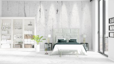 Modaya uygun ve modern yatak beyaz raf ile yeni iç ile sahne. 3D render. Yatay düzenleme.