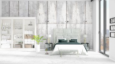 Modaya uygun ve modern yatak beyaz raf ile yeni iç ile sahne. 3D render. Yatay düzenleme.