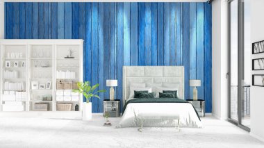 Modaya uygun ve modern yatak beyaz raf ile yeni iç ile sahne. 3D render. Yatay düzenleme.