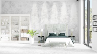 Modaya uygun ve modern yatak beyaz raf ile yeni iç ile sahne. 3D render. Yatay düzenleme.