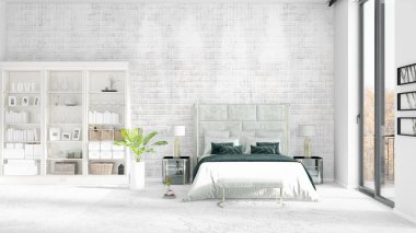 Modaya uygun ve modern yatak beyaz raf ile yeni iç ile sahne. 3D render. Yatay düzenleme.