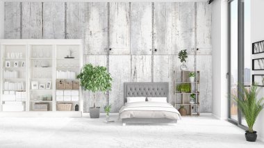 Modaya uygun ve modern yatak beyaz raf ile yeni iç ile sahne. 3D render. Yatay düzenleme.