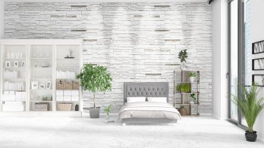 Modaya uygun ve modern yatak beyaz raf ile yeni iç ile sahne. 3D render. Yatay düzenleme.