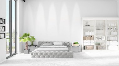 Modaya uygun ve modern yatak beyaz raf ile yeni iç ile sahne. 3D render. Yatay düzenleme.