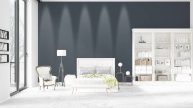 Modaya uygun ve modern yatak beyaz raf ile yeni iç ile sahne. 3D render. Yatay düzenleme.