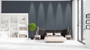 Modaya uygun ve modern yatak beyaz raf ile yeni iç ile sahne. 3D render. Yatay düzenleme.