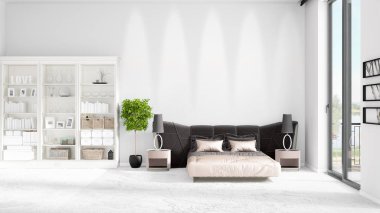 Modaya uygun ve modern yatak beyaz raf ile yeni iç ile sahne. 3D render. Yatay düzenleme.