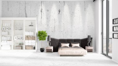 Modaya uygun ve modern yatak beyaz raf ile yeni iç ile sahne. 3D render. Yatay düzenleme.