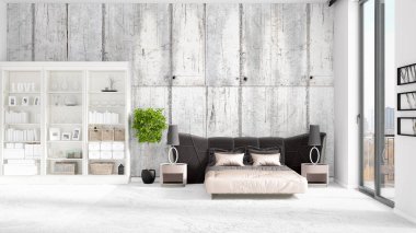 Modaya uygun ve modern yatak beyaz raf ile yeni iç ile sahne. 3D render. Yatay düzenleme.