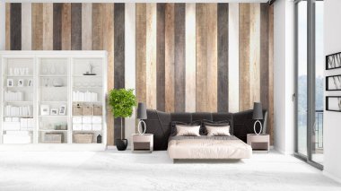 Modaya uygun ve modern yatak beyaz raf ile yeni iç ile sahne. 3D render. Yatay düzenleme.