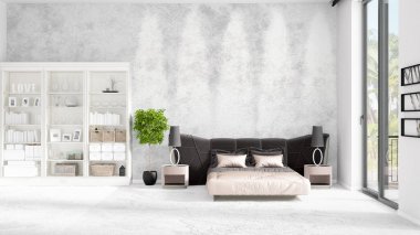 Modaya uygun ve modern yatak beyaz raf ile yeni iç ile sahne. 3D render. Yatay düzenleme.