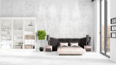 Modaya uygun ve modern yatak beyaz raf ile yeni iç ile sahne. 3D render. Yatay düzenleme.