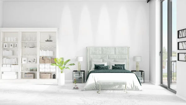 Szene mit brandneuem Interieur im Trend mit weißem Gestell und modernem Bett. 3D-Darstellung. horizontale Anordnung. — Stockfoto