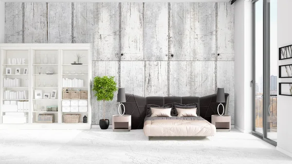 Modaya uygun ve modern yatak beyaz raf ile yeni iç ile sahne. 3D render. Yatay düzenleme.
