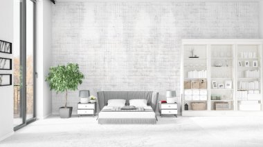 Modaya uygun ve modern yatak beyaz raf ile yeni iç ile sahne. 3D render. Yatay düzenleme.