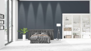 Modaya uygun ve modern yatak beyaz raf ile yeni iç ile sahne. 3D render. Yatay düzenleme.