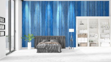 Modaya uygun ve modern yatak beyaz raf ile yeni iç ile sahne. 3D render. Yatay düzenleme.