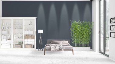 Modaya uygun ve modern yatak beyaz raf ile yeni iç ile sahne. 3D render. Yatay düzenleme.