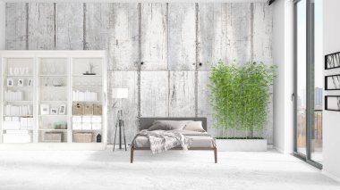 Modaya uygun ve modern yatak beyaz raf ile yeni iç ile sahne. 3D render. Yatay düzenleme.