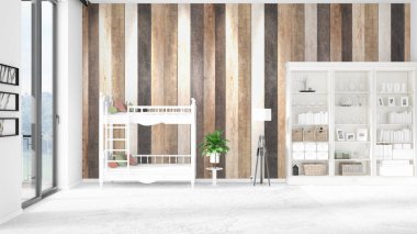 Modaya uygun beyaz raf ve bebek yatağı ile yeni iç ile sahne. 3D render. Yatay düzenleme.