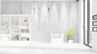 Modaya uygun beyaz raf ve bebek yatağı ile yeni iç ile sahne. 3D render. Yatay düzenleme.