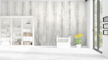 Modaya uygun beyaz raf ve bebek yatağı ile yeni iç ile sahne. 3D render. Yatay düzenleme.
