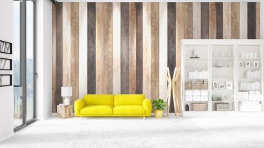 Modaya uygun beyaz raf ve sarı kanepe ile yeni iç ile sahne. 3D render. Yatay düzenleme.