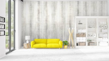 Modaya uygun beyaz raf ve sarı kanepe ile yeni iç ile sahne. 3D render. Yatay düzenleme.