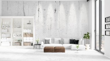 Modern çatı iç beyaz kanepe ve boşaltmak yatay düzenleme ile modaya uygun. 3D render.