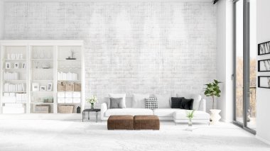 Modern çatı iç beyaz kanepe ve boşaltmak yatay düzenleme ile modaya uygun. 3D render.