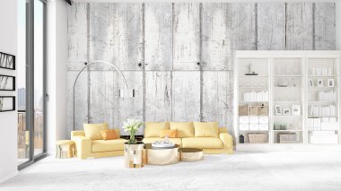 Modaya uygun beyaz raf ve sarı kanepe ile yeni iç ile sahne. 3D render. Yatay düzenleme.