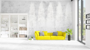 Modaya uygun beyaz raf ve sarı kanepe ile yeni iç ile sahne. 3D render. Yatay düzenleme.