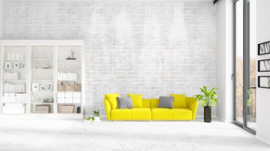 Modaya uygun beyaz raf ve sarı kanepe ile yeni iç ile sahne. 3D render. Yatay düzenleme.