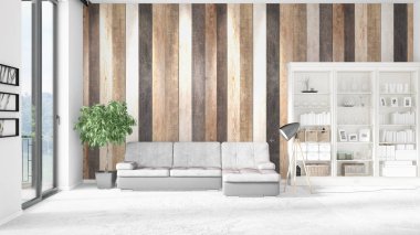 Modern iç beyaz kanepe ve boşaltmak yatay düzenleme ile modaya uygun. 3D render.