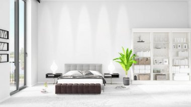 Modaya uygun ve modern yatak beyaz raf ile yeni iç ile sahne. 3D render. Yatay düzenleme.