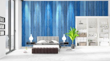 Modaya uygun ve modern yatak beyaz raf ile yeni iç ile sahne. 3D render. Yatay düzenleme.