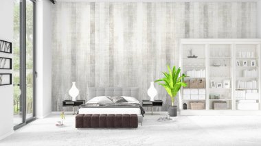 Modaya uygun ve modern yatak beyaz raf ile yeni iç ile sahne. 3D render. Yatay düzenleme.