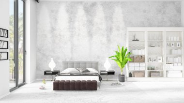 Modaya uygun ve modern yatak beyaz raf ile yeni iç ile sahne. 3D render. Yatay düzenleme.