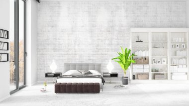 Modaya uygun ve modern yatak beyaz raf ile yeni iç ile sahne. 3D render. Yatay düzenleme.