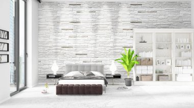 Modaya uygun ve modern yatak beyaz raf ile yeni iç ile sahne. 3D render. Yatay düzenleme.