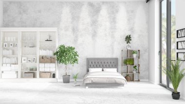 Modaya uygun ve modern yatak beyaz raf ile yeni iç ile sahne. 3D render. Yatay düzenleme.