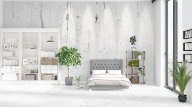 Modaya uygun ve modern yatak beyaz raf ile yeni iç ile sahne. 3D render. Yatay düzenleme.