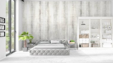 Modaya uygun ve modern yatak beyaz raf ile yeni iç ile sahne. 3D render. Yatay düzenleme.